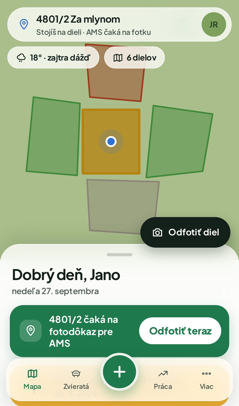 Domovská obrazovka Brázdy: mapa dielov, poloha a návrh odfotiť diel pre AMS