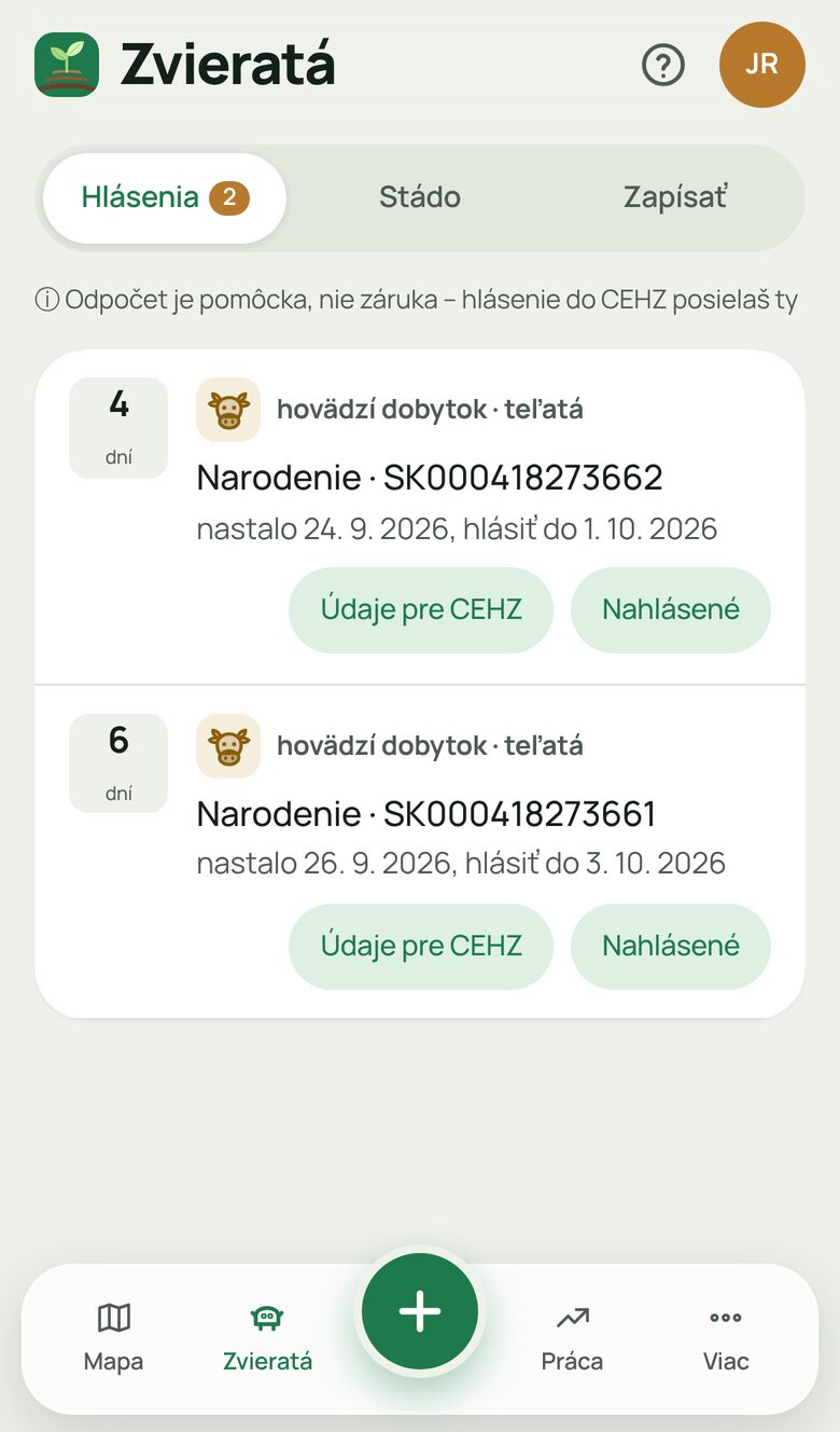 Zoznam hlásení do CEHZ s odpočtom dní